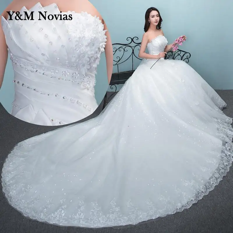 Beading Brush Train Lace Up Wedding Dress Sexy Strapless Applique Plus Size Bridal Gown Vestido De Noiva