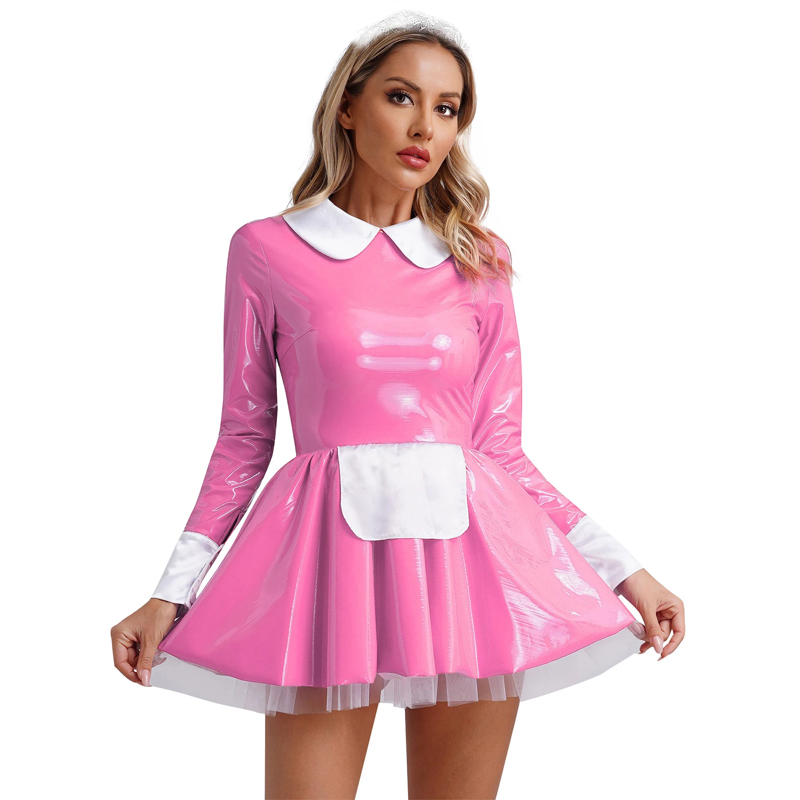 

Women Halloween Maid Cosplay Costume Long Sleeve Patent Leather Apron Mini Dress with Lace Headband Servant Uniform Nightwear