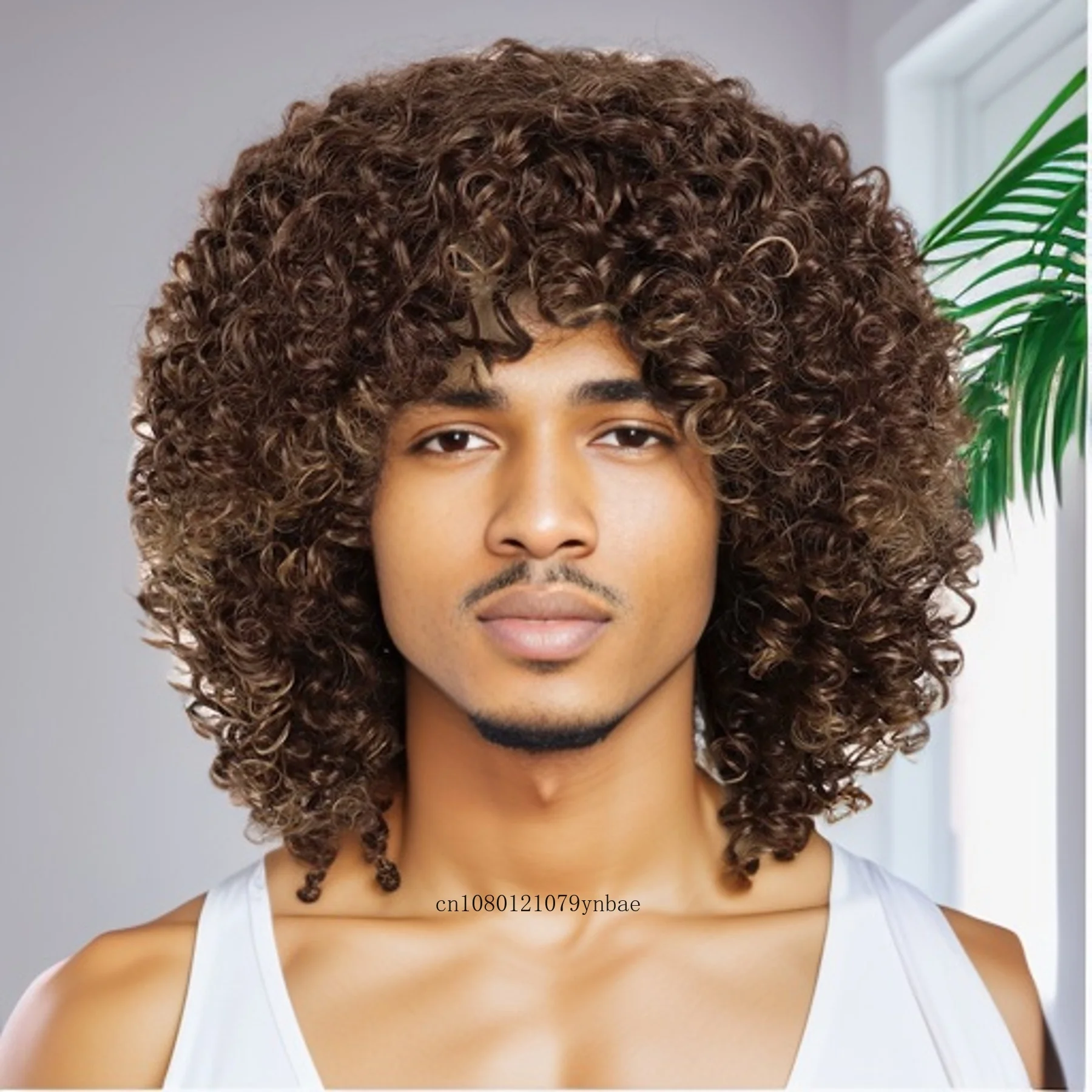 Synthetic wig for men short afro kinky curly with bangs heat resistant natural mix brown cosplay highlight male costume synthetic wig