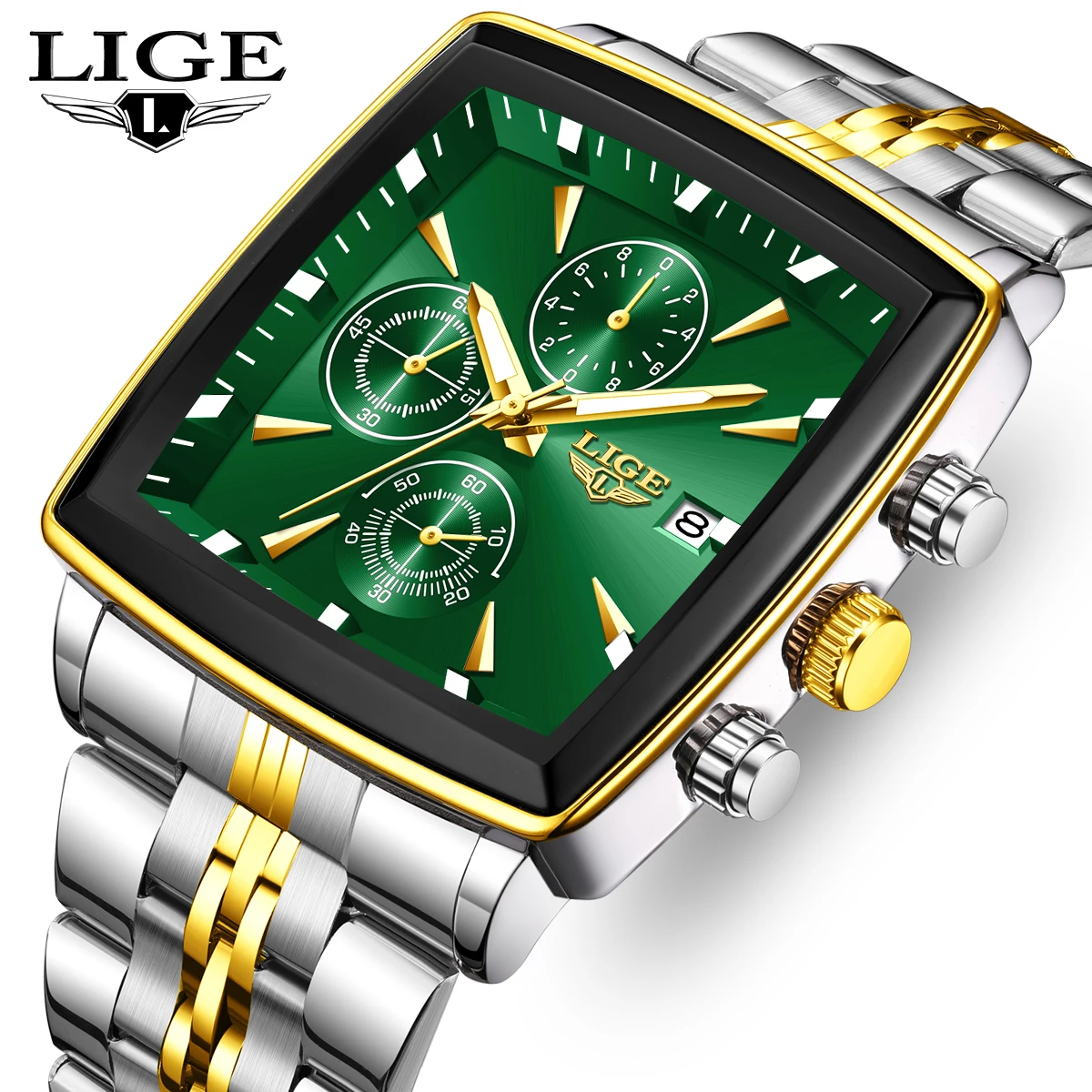 LIGE Fashion Men's Luminous Waterproof Chronograph Wristwatch with Date Function - Square Quartz Design, Includes Box