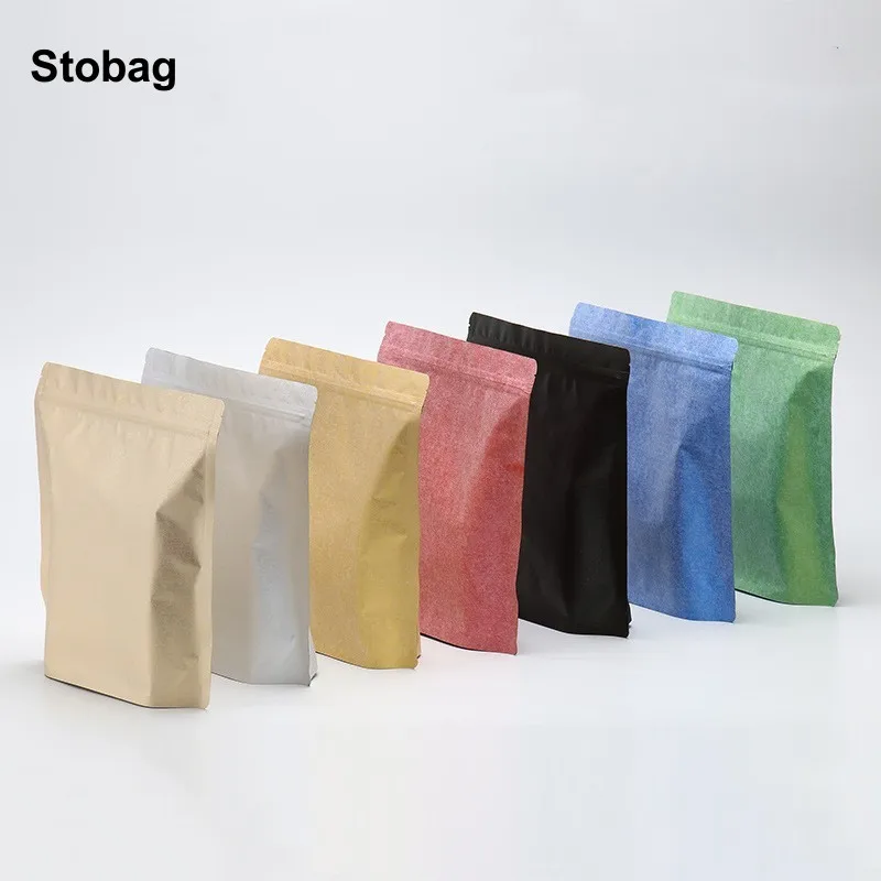 

StoBag 10pcs Cotton Paper Packaging Bag Kraft Stand Up Sealed for Tea Coffee Beans Powder Storage Pouches Portable Wholesale