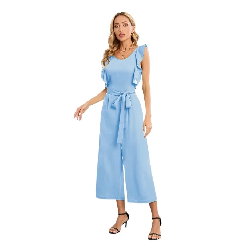 

Women's Lotus Leaf Lace-up Jumpsuit Medium Length Straight Pant Sleeveless Plus Size trajes de mujer conjunto 2 piezas