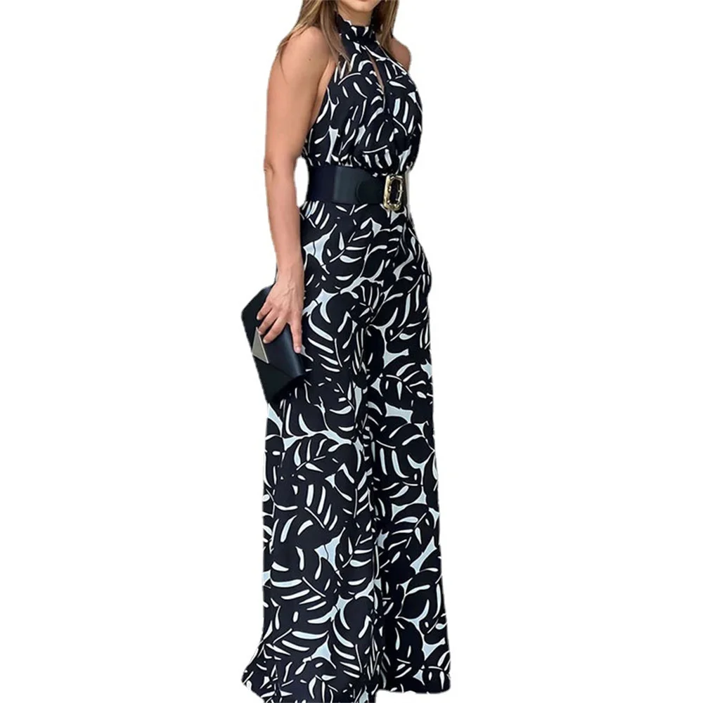 Women Print Halter Jumpsuit Summer Sleeveless Nipped Waist Loose Hollow Out Backless Wide Leg Romper Mujer High Streetwear