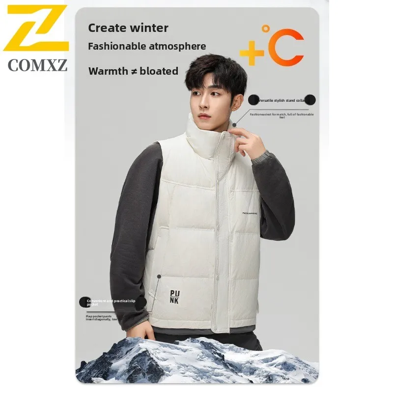 Autumn Winter Men's Down Sports Vest Stand Collar Casual  Loose  Waterproof Windproof Jacket Fit School Camping Hiking Fishing