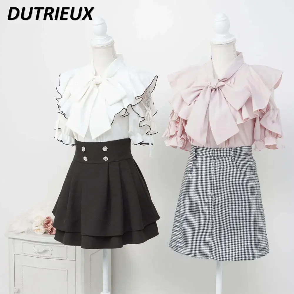 

2023 Summer New Japanese Style Women Shirt Lolita Sweet Short Sleeve Top Lace Bow Tie Solid Color Cute Princess Blouse Shirts