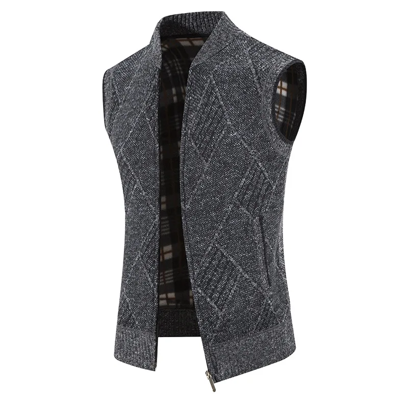 Men's winter warm vest with plush and thick waistcoat, standing collar, sleeveless sweater, knitted cardigan, shoulder vest