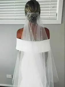 Image for TOPQUEEN Elegant Pearls Bridal Veil Soft 1 Tier Be 