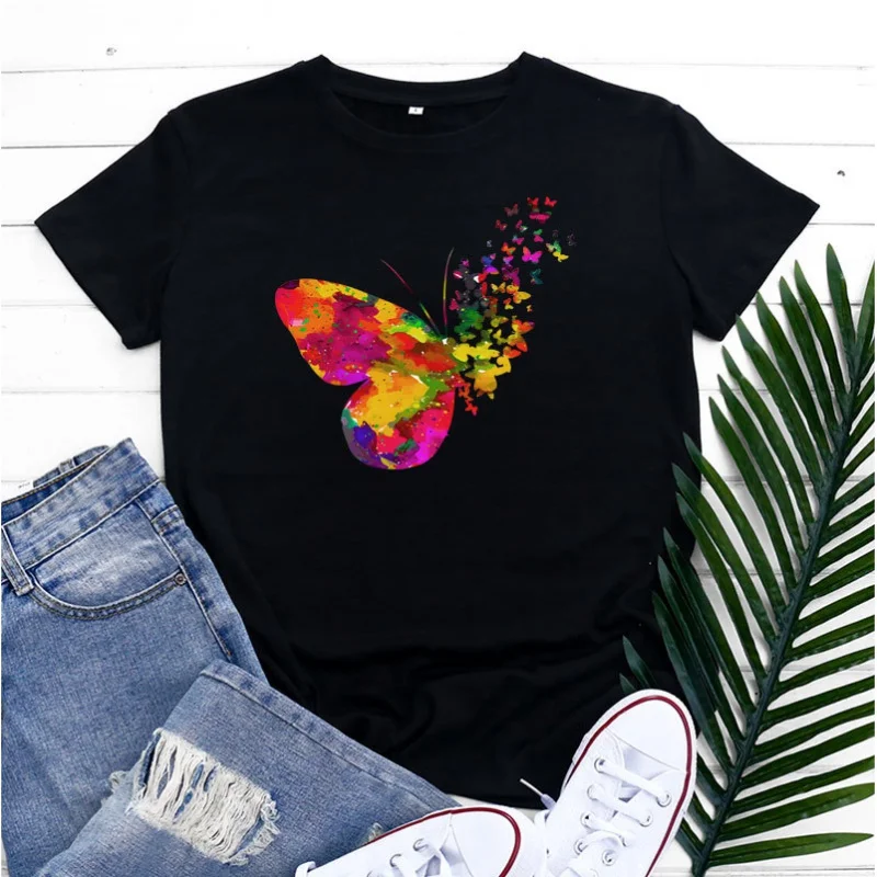 

Funny Big Butterfly Letters Printed Pattern Cotton Short Sleeve Round Neck Women's T Shirt Plus Size Loose Casual Women's