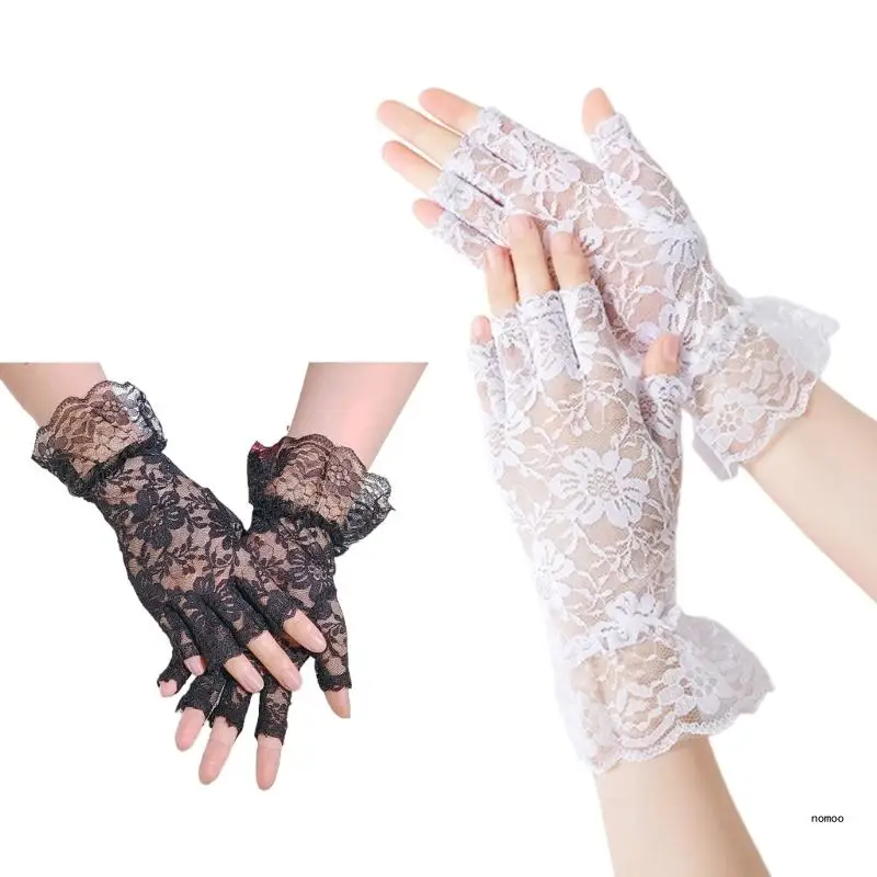 

Lace Floral Decors Gloves Elastic Half Fingers Wedding Party Gloves for Girls