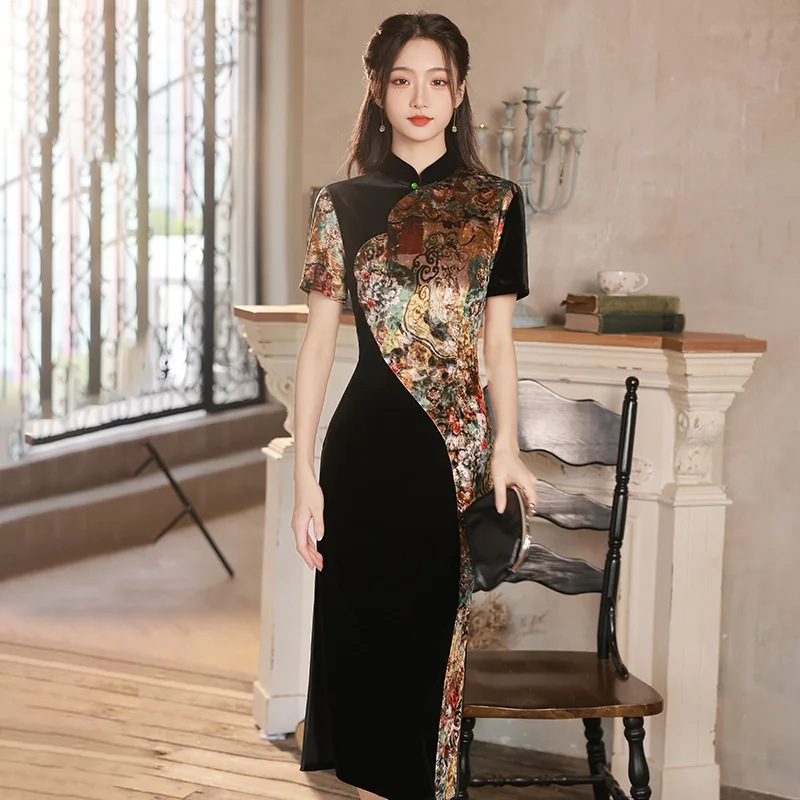 

Chinese Women Traditional Handmade Buttons Short Sleeve Printed Velour Splicing Qipao Mandarin Collar Cheongsam Dress