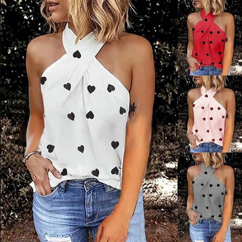

DSMTRC Women Summer Streetwear 6 Colors Love Print Tank Top Halter Sexy Backless Tank Tops Feminino Sleeveless Basic T shirts