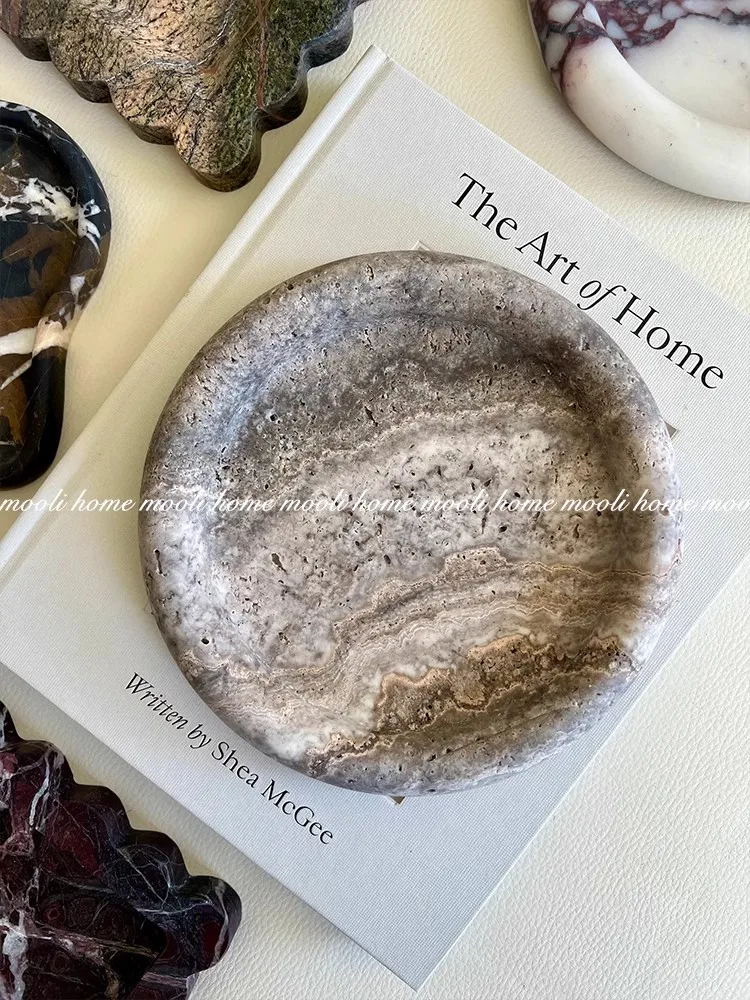 Japanese Retro Style Natural Marble Decorated Plate Living Room Art Ornament Photographic Prop Cave Stone Jewelry Storage Tray 2