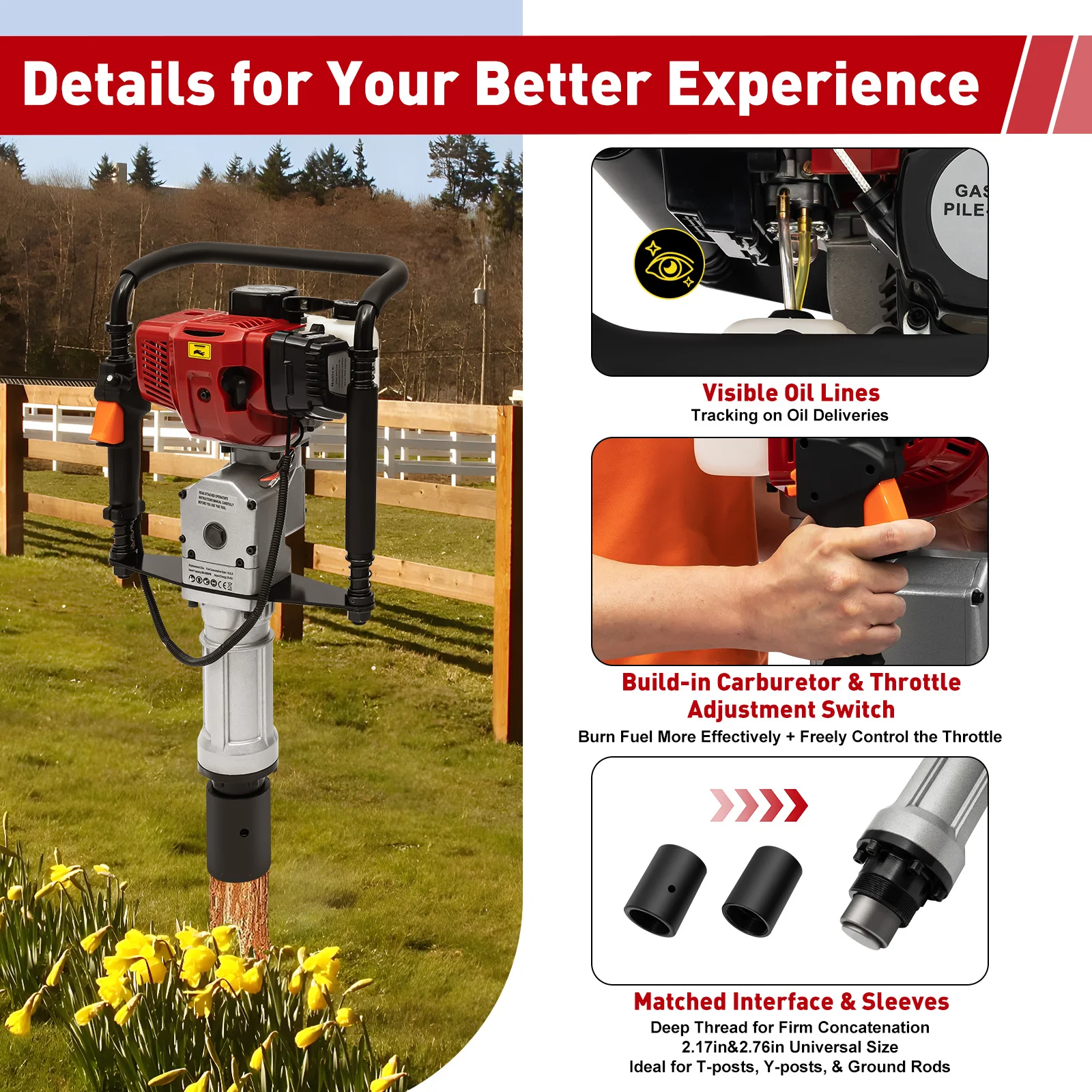 52cc 2 Stroke Gas Powered T Post Driver Piledriver with Vibration Absorbing Springs Petrol Engine Fence Farm Push Pile Excavator 3