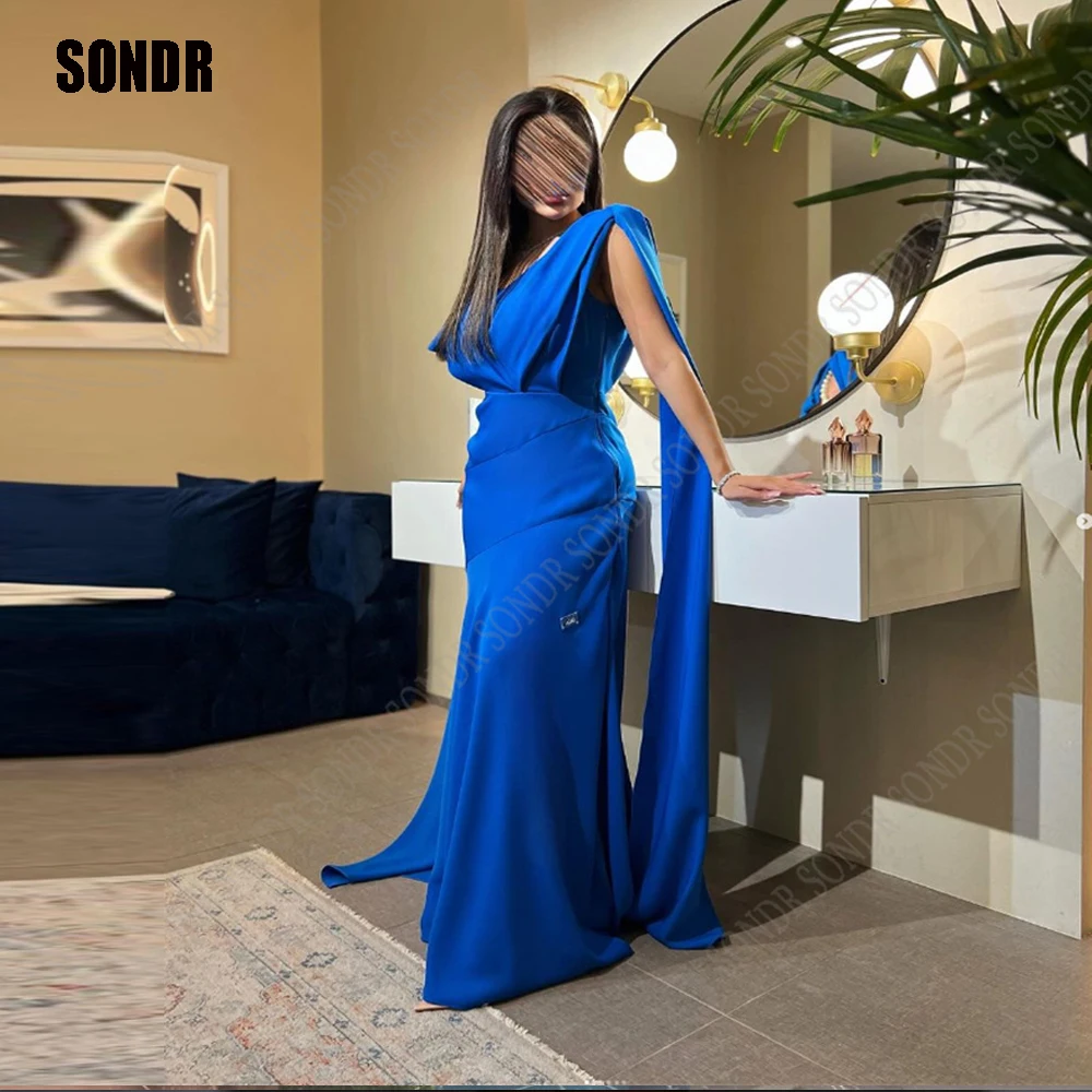 

SONDR Exquisite Blue Back Pearls Dubai Evening Dress Long Jacket A-Line Sheath Party Formal Gown Satin فساتين سهره فاخره 2024