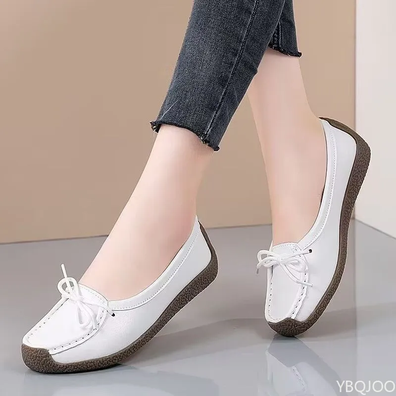 Luxury Summer Mom Shoes Cow tendon sole Women's Flats Anti slip shallow mouth soft soled shoes Solid color lace up flat 2025