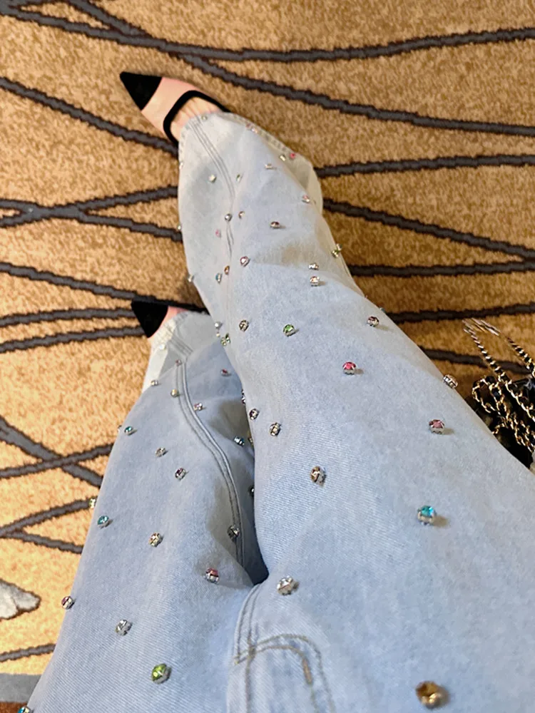 High Waist Jeans Loose Rhinestone Flared Denim Trousers Female Slimming Sheath Wide-Leg Pants Spring Summer Women's Denim Pants
