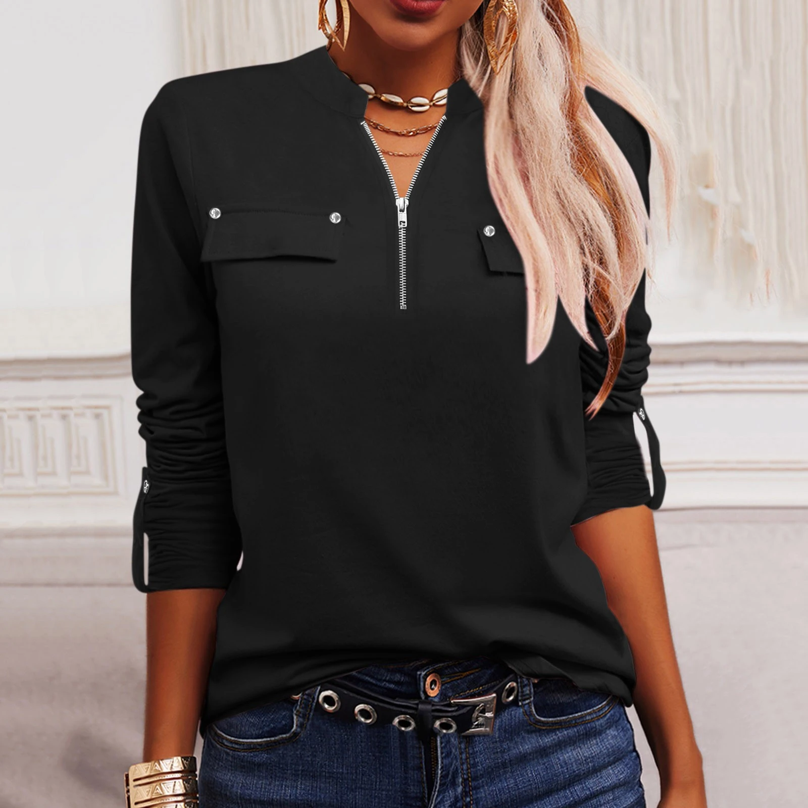 Blusa manga y cremallera para camisa elegante con cuello en V, para y negocios| | - AliExpress