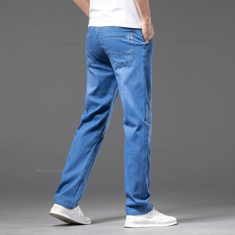 Summer Thin Men's Stretch Straight Jeans Classic Black Blue Business Casual Loose Large Size Denim Pants Brand Trousers 42 44 46 2