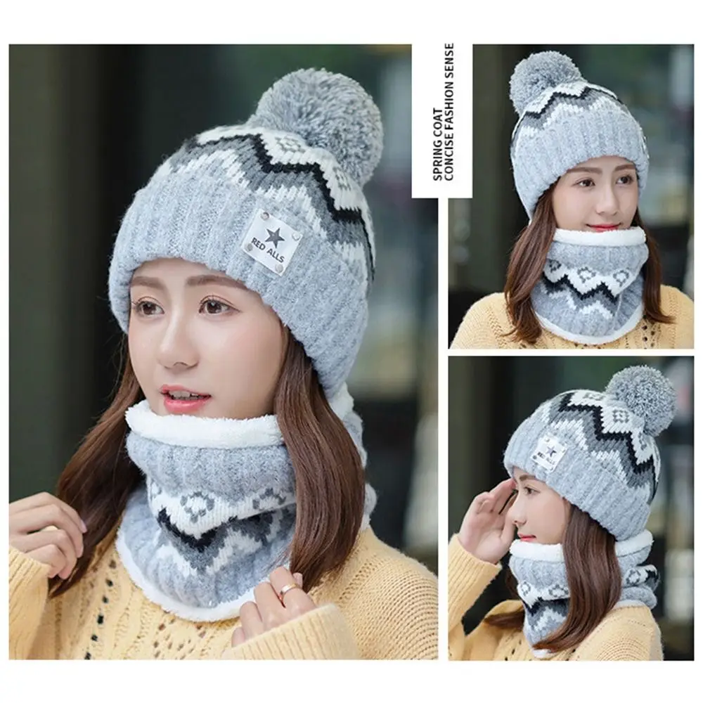 Winter Plus Velvet Beanies Hat Windproof Ear Protection Hat Scarf Set Thick Warm Knit Skull Cap Women