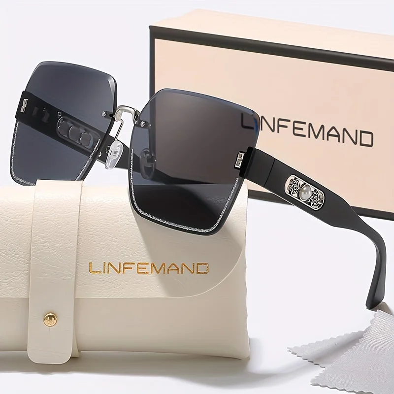 نظارات شمسية عصرية متدرجة بدون إطار من LINFEMAND بإطار بلاستيكي مزين بالزهور اللؤلؤية مع حافظة لهدية مهرجان الصيف للنساء