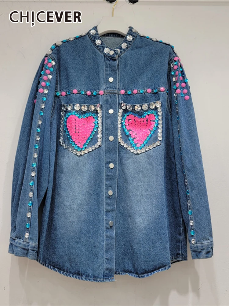

CHICEVER Vintage Casual Denim Shirts For Women Round Neck Long Sleeve Single Breasted Patchwork Diamond Hit Color Blouses Female