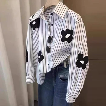 Turn-down Neck Flower Stripe Long Sleeved Loose Shirt And Blouse New In Clothing Top Casual Single Breasted Office Lady White 1