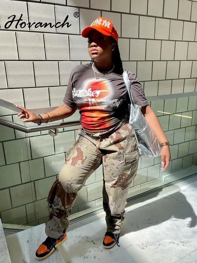 

Hovanch Camouflage Mid Waist Pocket Straight Leg Pants Women Casual Loose Trousers Autumn 2022 Fashion High Street Female Bottom