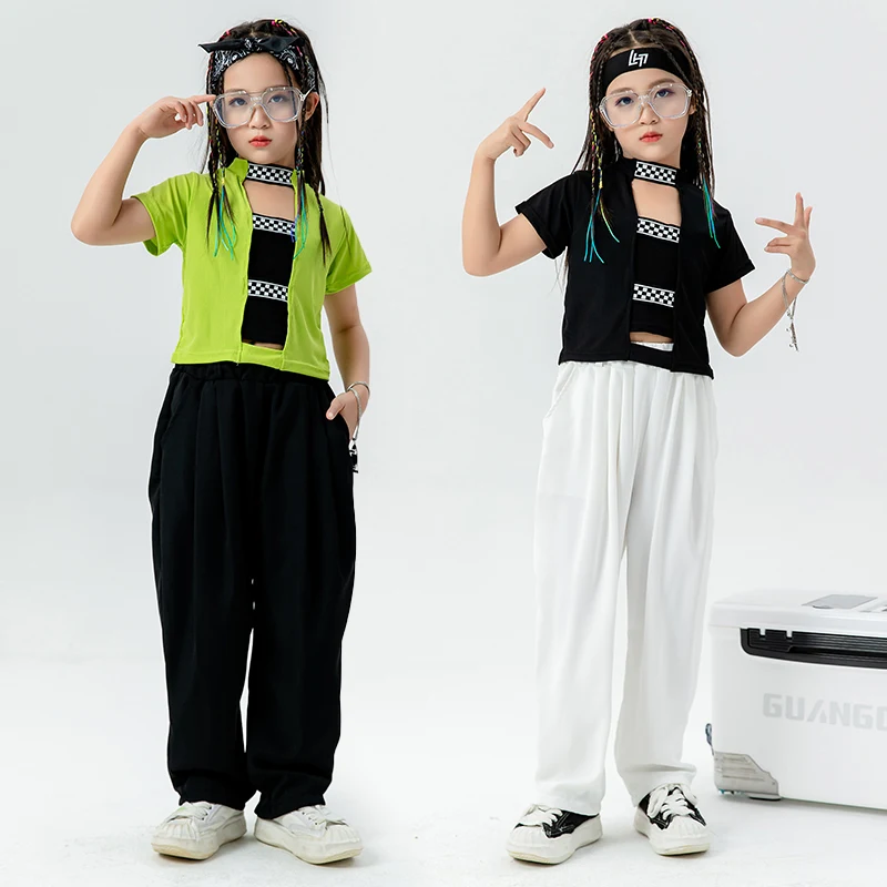 

Детская одежда в стиле K-POP, одежда в стиле хип-хоп, укороченная зеленая футболка, уличная одежда, мешковатые брюки для девочек, костюмы для джазовых танцев, одежда для подростков