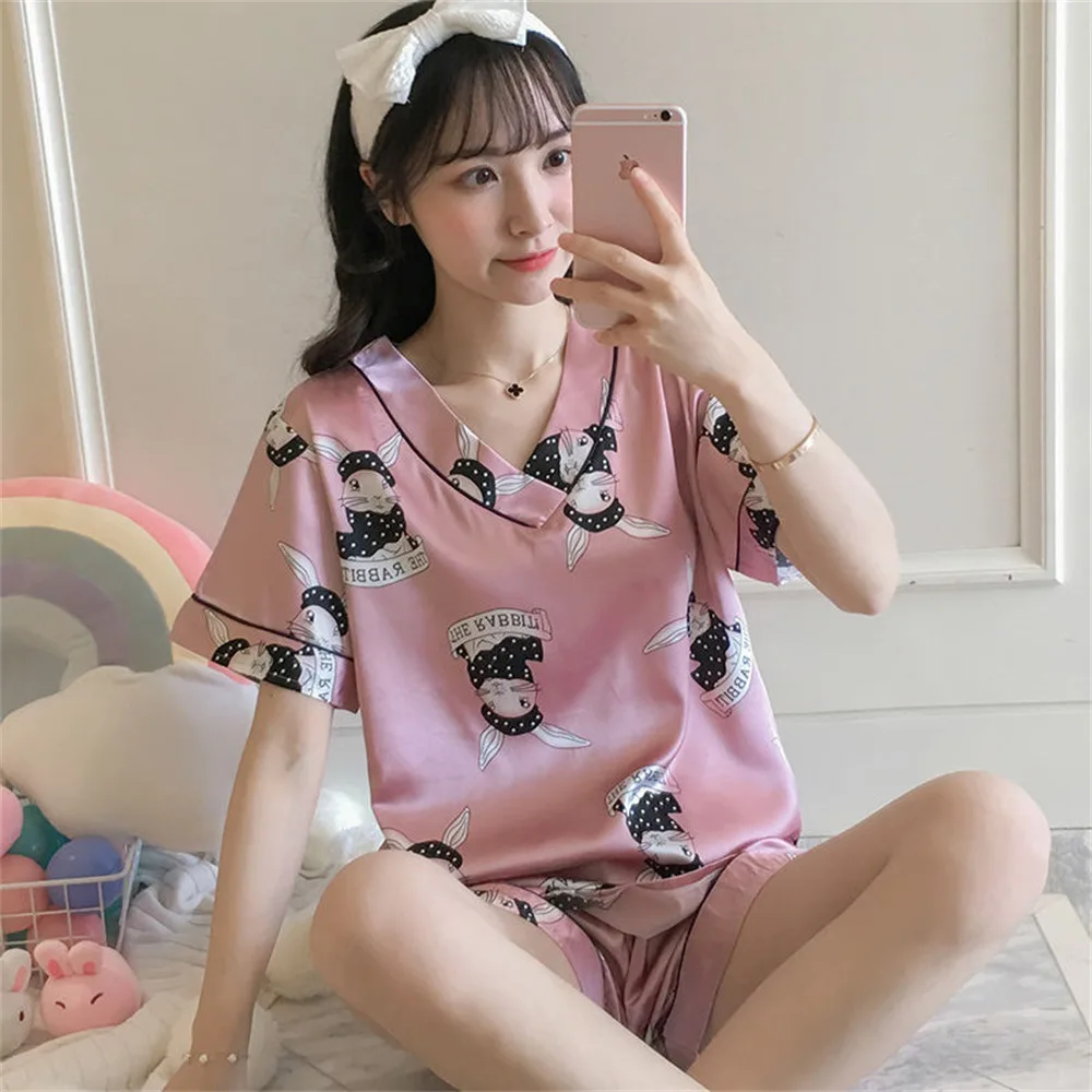 plus size pjs Pajamas Women Summer Thin Section V-neck Imitation Silk Ice Silk Short-sleeved Sleepwear Ladies Home Service 2-piece Pajamas silk pj set Pajama Sets