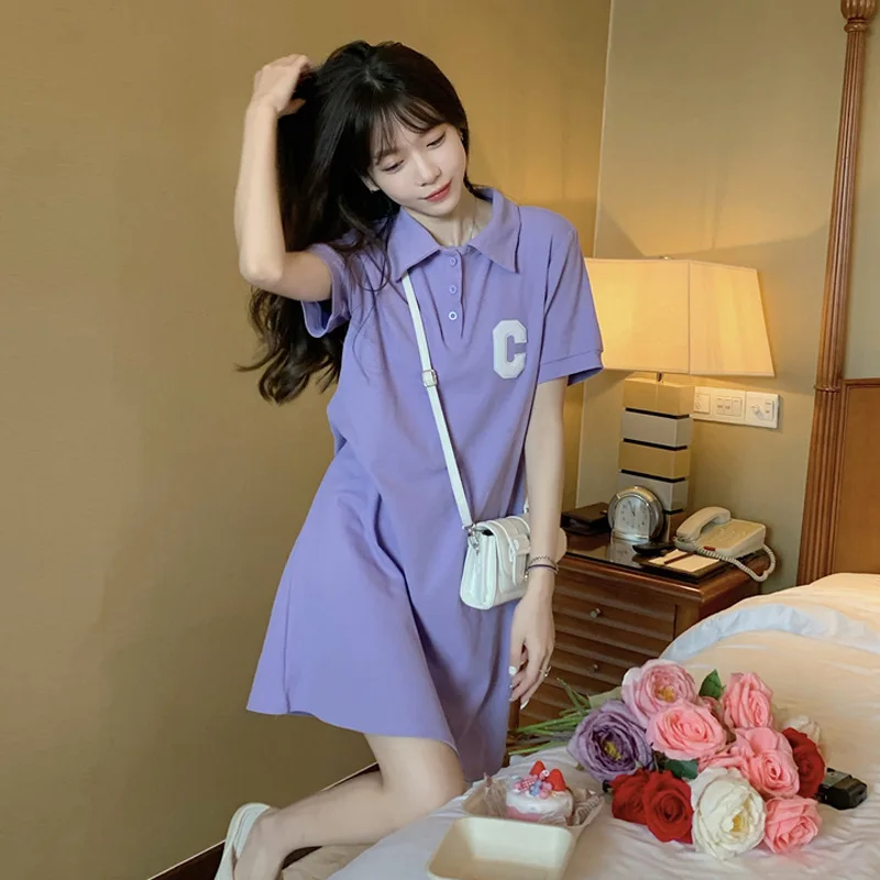 

Preppy Style Dresses for Women 2022 Letter Solid Color Loose Straight Dress Polo Collar Short Sleeve Student Female Dress