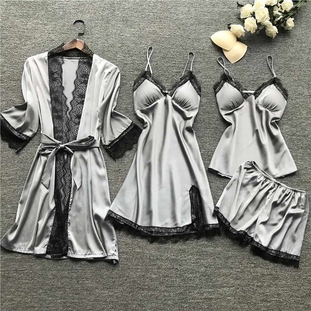 Pajama Sets Sleepwear Sets Satin Silk Women Lace Robe Dress Set 4pcs Lingerie Sleepwear Set Pajamas Nightdress Women Secret Clothes Night Gown