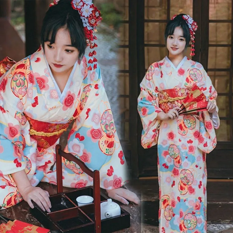 

Официальное японское кимоно для женщин с красным Оби, цветочным принтом, традиционное юката, хаори, косплей, платье для фотосъемки, костюм для выступлений