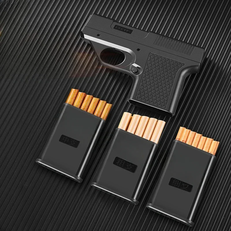 2025NewClipGunTypeButaneGasLighterThreeCapacityCigaretteHolderWindproofJetBlueFlameLightersMen