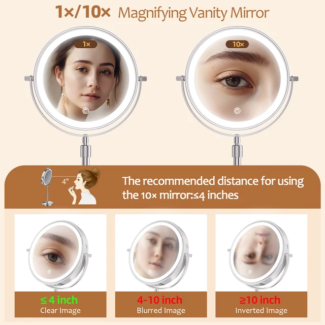 Miroir de maquillage debout avec lampe lumineuse, luminosité réglable, grossissement 10X, 3 lumières pour documents, recommandé, miroir cosmétique, 8 po 5