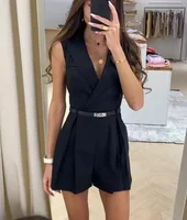2024 Summer Elegant Women's Jumpsuit With Belt Fashion Sleeveless Turndown Collar Slim Short Jumpsuits Female Sping Lady Romper - Image 5