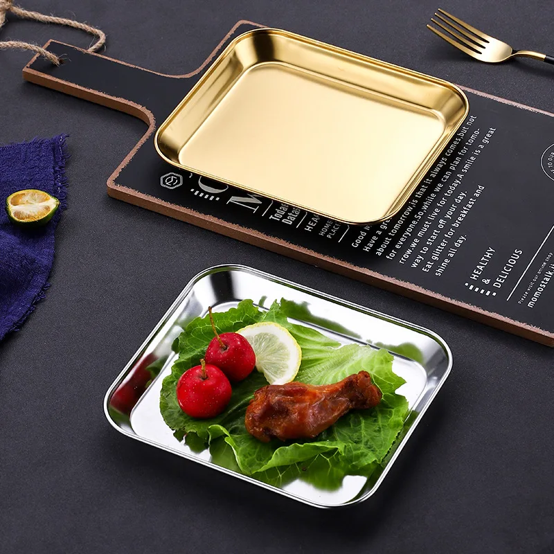 

304 Stainless Steel Thicken Square Tray Plate for Food Cake Fruit Creative Snack Dishes Tableware Kitchen Dinnerware Utensils