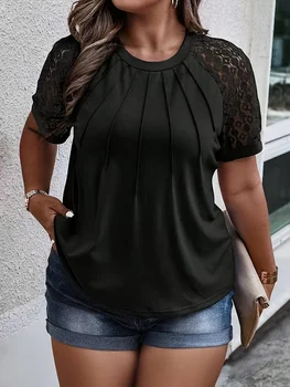 Women's Lace Patchwork Big Size T-Shirt, Casual Loose-Fitting Top, Comfortable Daily Wear, Stylish Women's Clothing 1