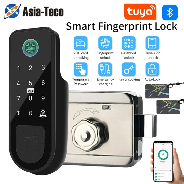 Tuya Smart Fingerprint Door Lock Outdoor Gate Lock Password IC Card NFC Remote App Unlock Home Electronic Rim Bolt Motor Locks 1