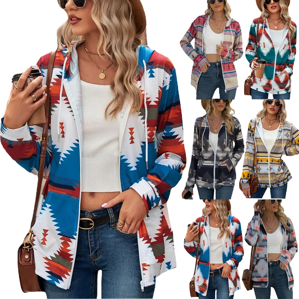 

Women's Outerwear Geometric Pattern Printed Long Sleeved Loose Zippered Hooded Pocket Sweater Outerwear