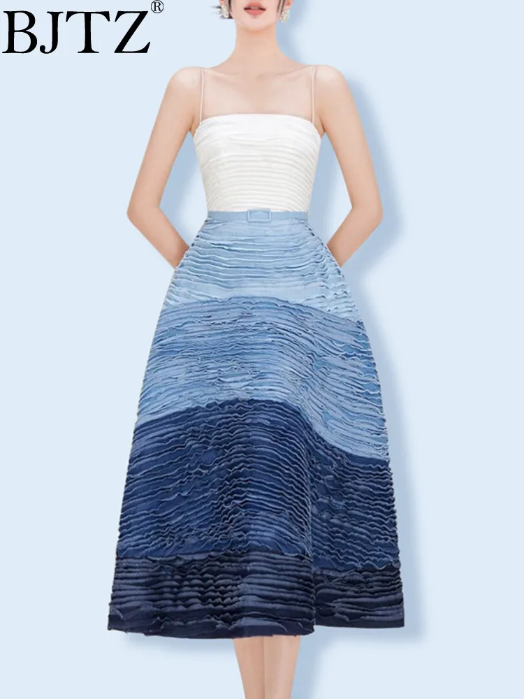 BJTZ Heavy Industry Gradient Denim Blue Strapless Dress For Women 2024 Spring Summer New Designer Elegant Dresses Female HL221