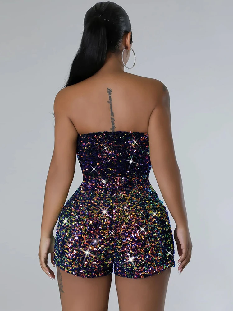 Sexy Women's Strapless Zippered Jumpsuit With Sequins Sleeveless Nightclub Party Birthday Dress Short Skirt Fashionable Style
