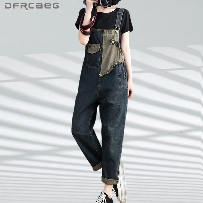 

Vintage Patchwork Denim Overalls For Women 2023 Summer Suspender Jeans Jumpsuit Pants Loose Washed Female Rompers