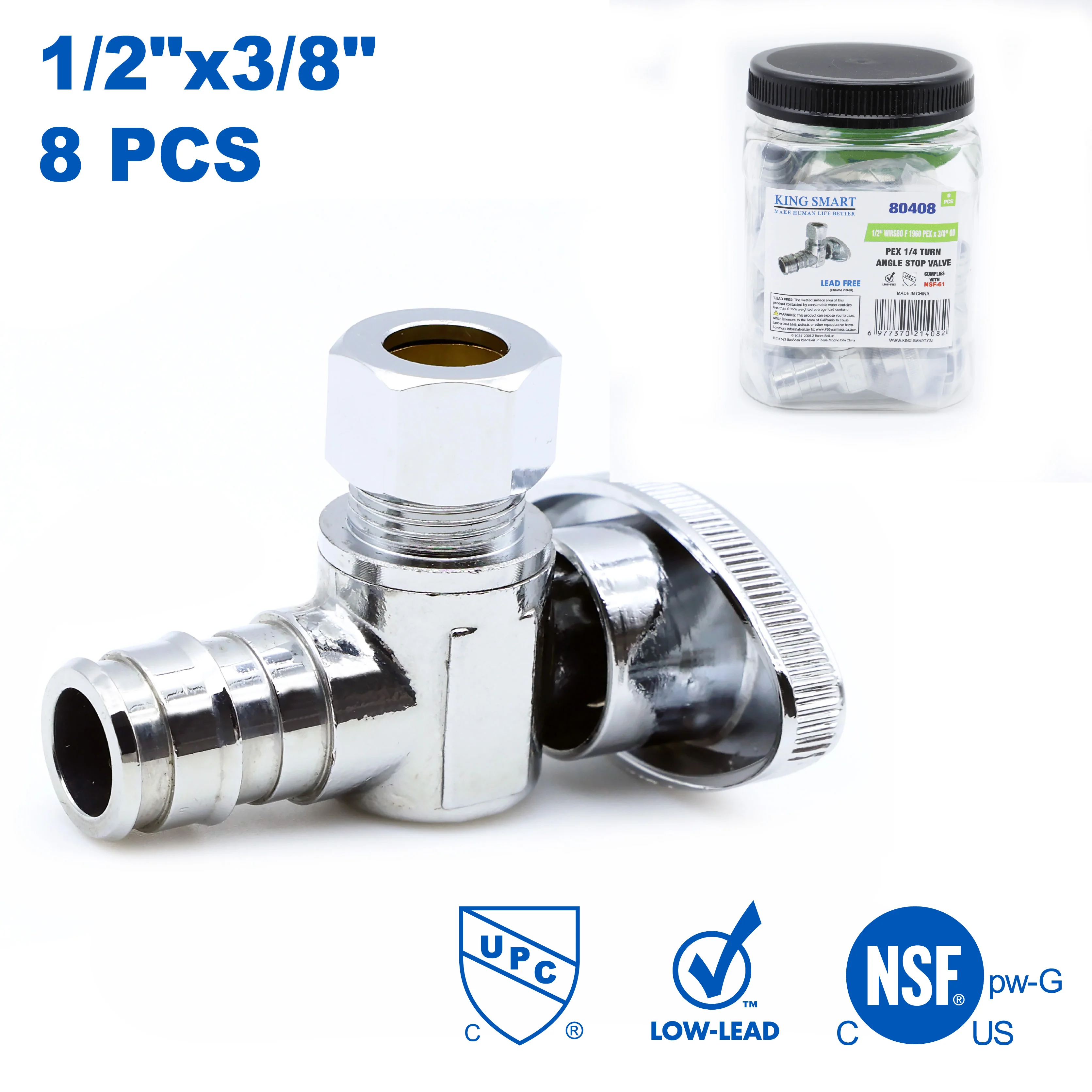 KING SMART PEX A/F1960/Wisbo PEX 1/2" * 3/8"OD 1/4 Turn Angle Stop Valve; 8Pcs/Case; 80408