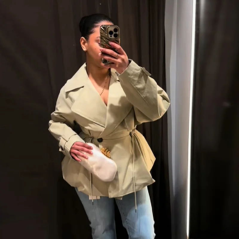 Simple Commute Lady Trench Coat Collar Tie Waist Cinched Button Patchwork Jacket 2026 Fall Chic Korean Office Daily Outerwear