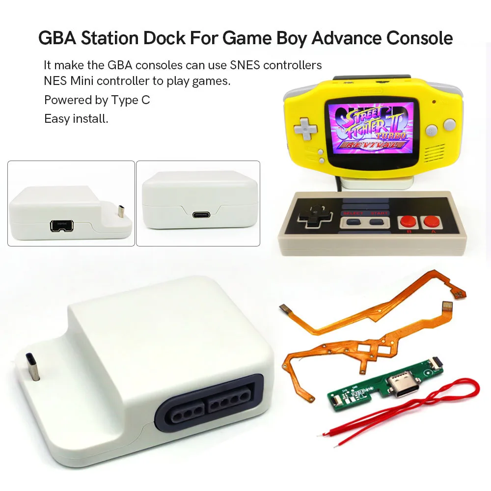 

Hispeedido Updated GBA Dock Kits, Mod GBA Charging Type-C Connect 2 Controllers Player Dock Station for Gameboy Advance