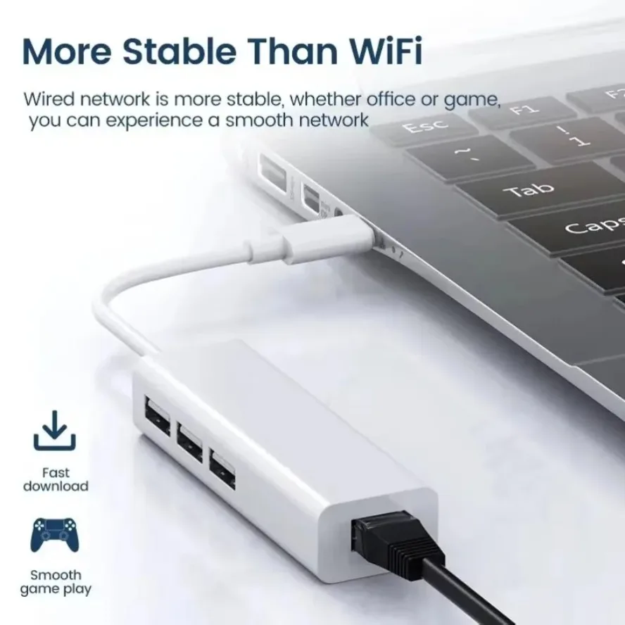 3-Port USB-C Hub with Ethernet Adapter and RJ45 Port