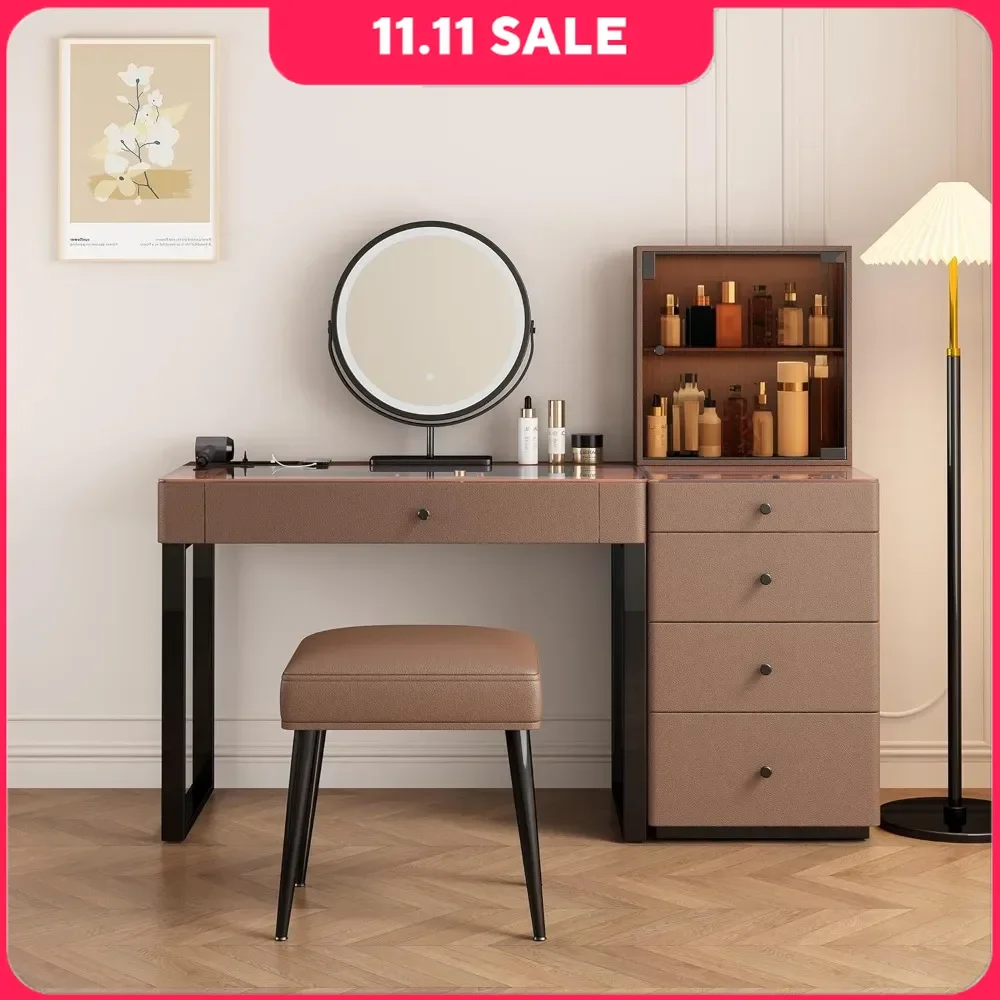Makeup Vanity Set with Multi-Plug Outlet & HD Smart Mirror Multi-Depth Side Drawers Dressers