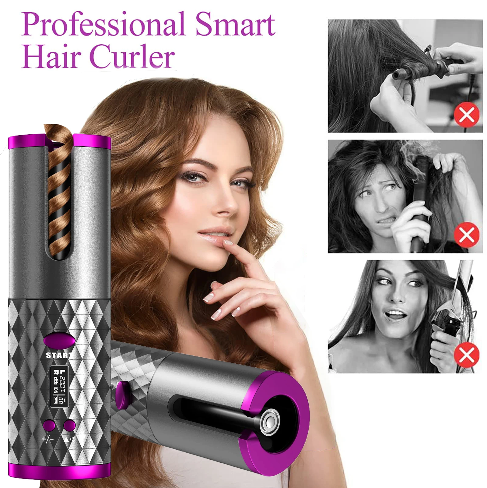

Беспроводной утюжок для завивки волос, перезаряжаемый от USB, керамическая Автоматическая вращающаяся Плойка для волос с 6 насадками, портативный стайлер для сушки волос, таймеры
