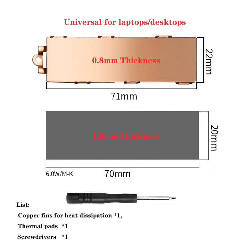 OCNG M.2 NVME SSD Heastink 순수 구리 방열판 M.2 2280 SSD 노트북 데스크탑 SSD 쿨러(6.0W/MK 열 패드 포함) 냉각