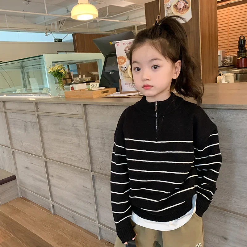 

Sweater Boys Girls Korean Casual Zipper Stripe Knitwear Children Clothing Contrasting Colors Tide Stripe Long Sleeve